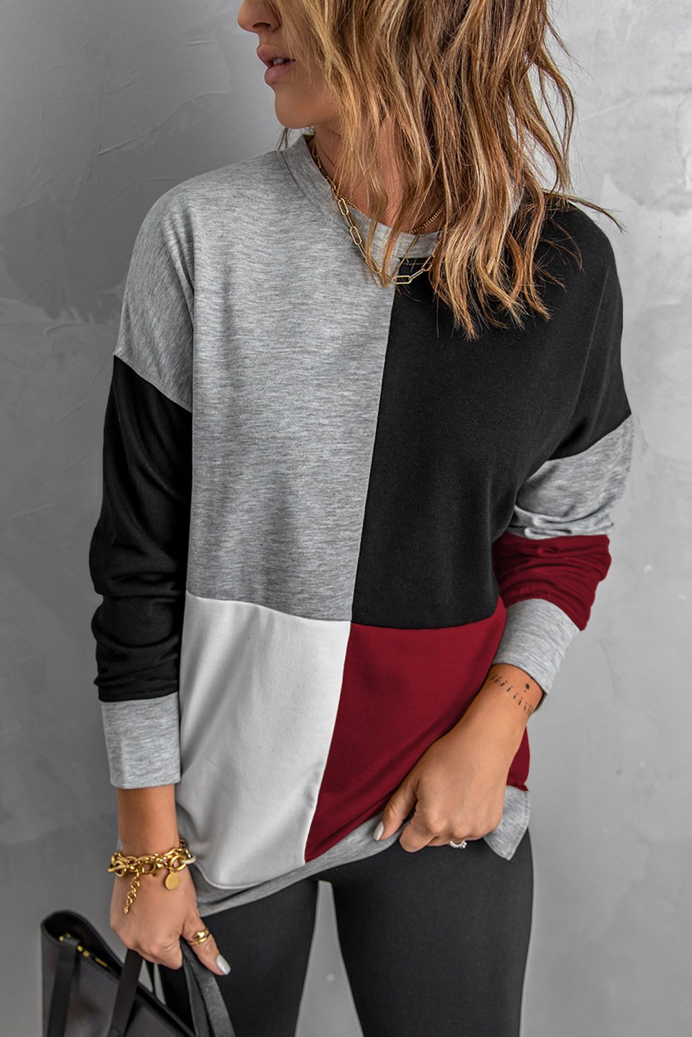 Red Color Block Round Neck Long Sleeves Sweatshirt