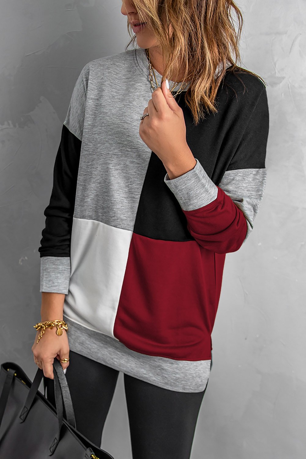 Red Color Block Round Neck Long Sleeves Sweatshirt