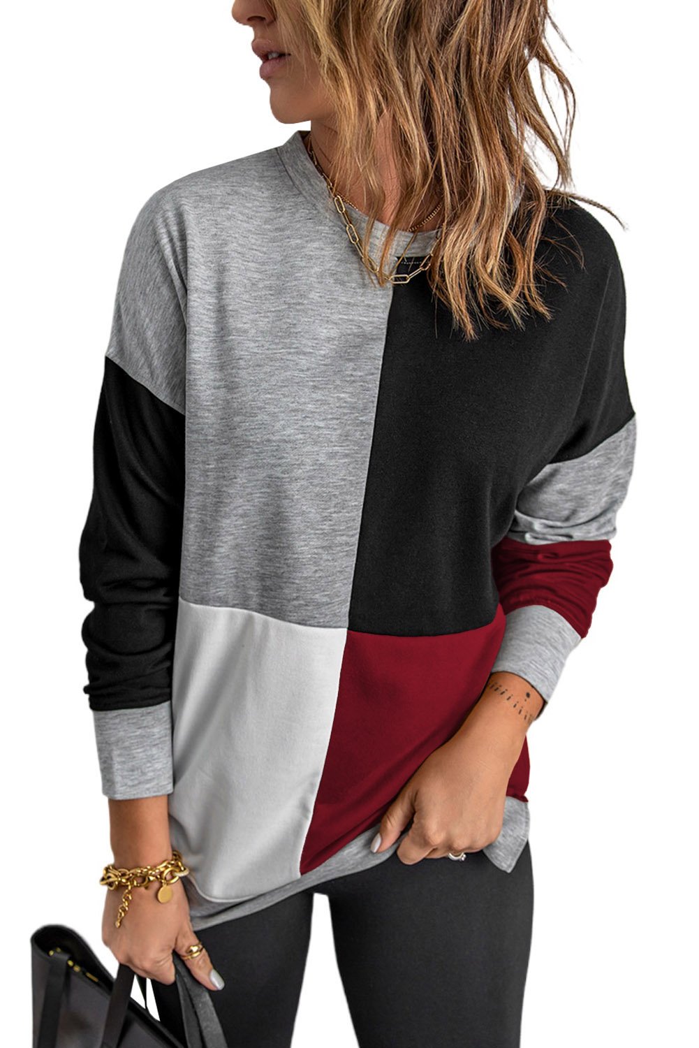 Red Color Block Round Neck Long Sleeves Sweatshirt