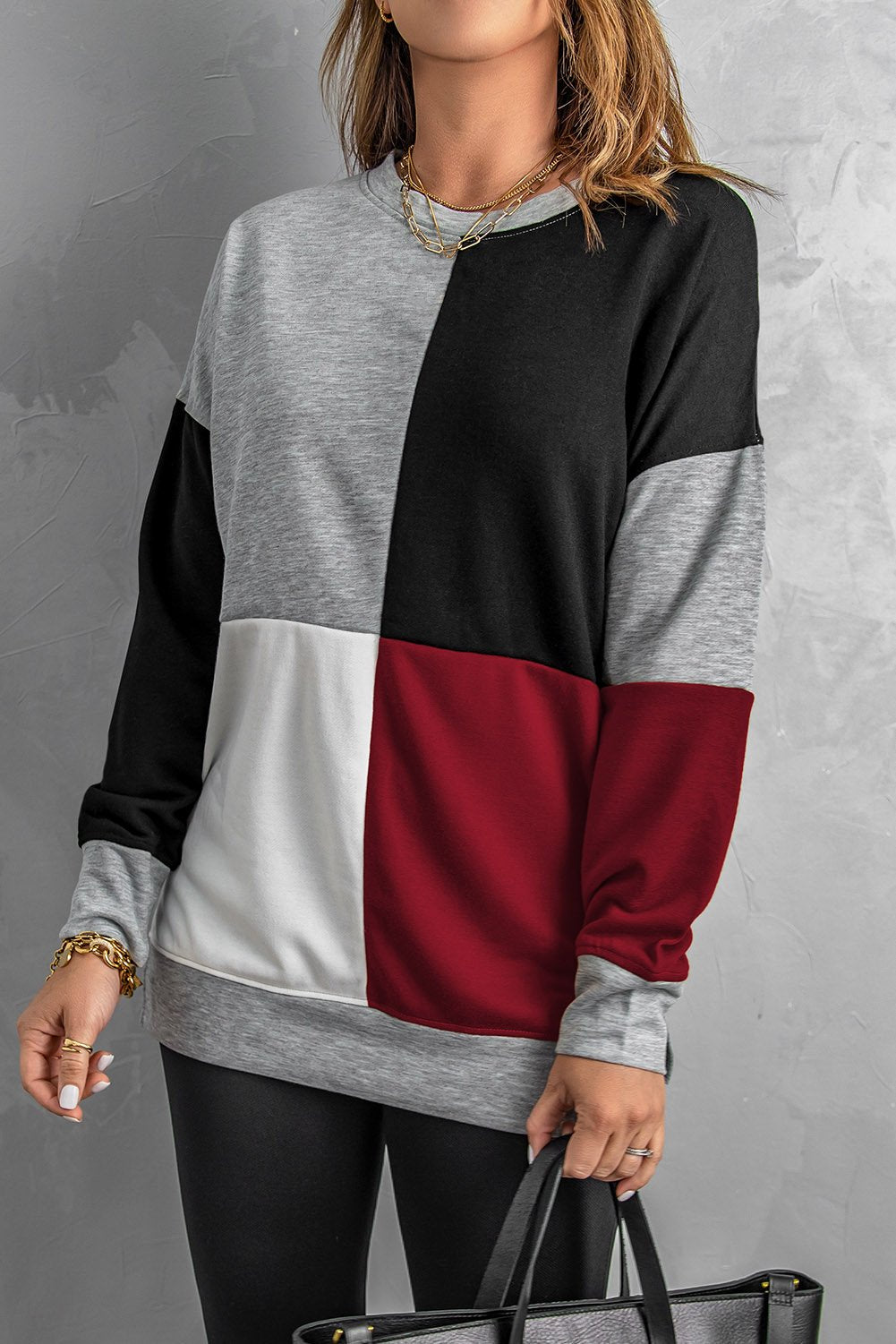 Red Color Block Round Neck Long Sleeves Sweatshirt