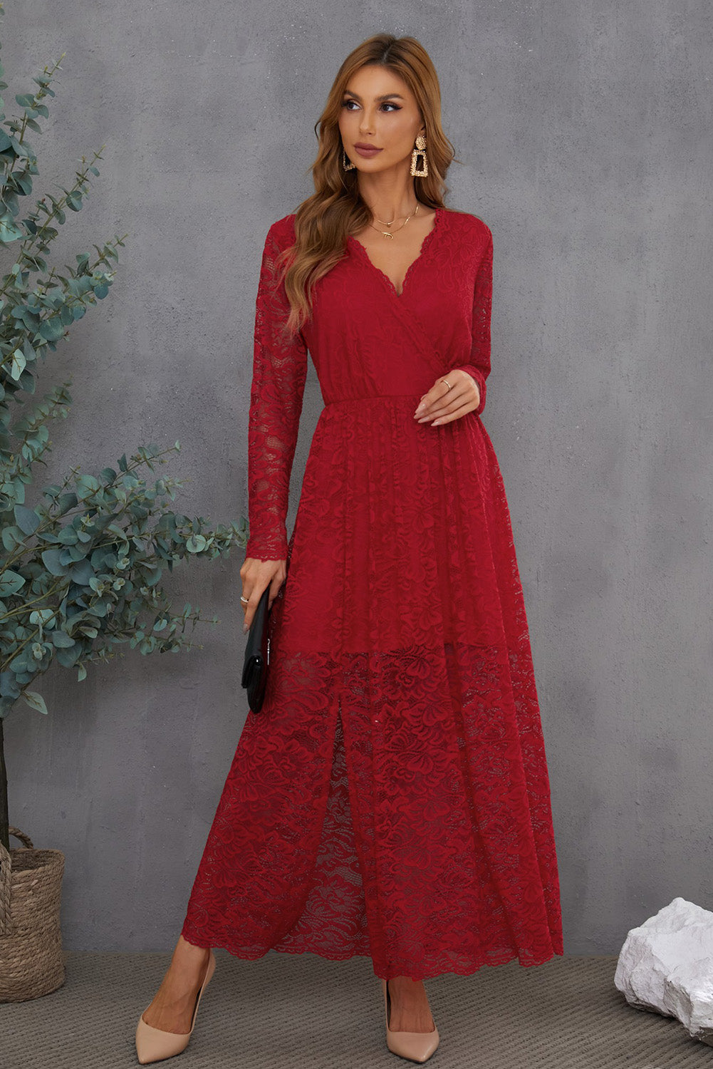 Red Long Sleeve V Neck Split Lace Maxi Dress