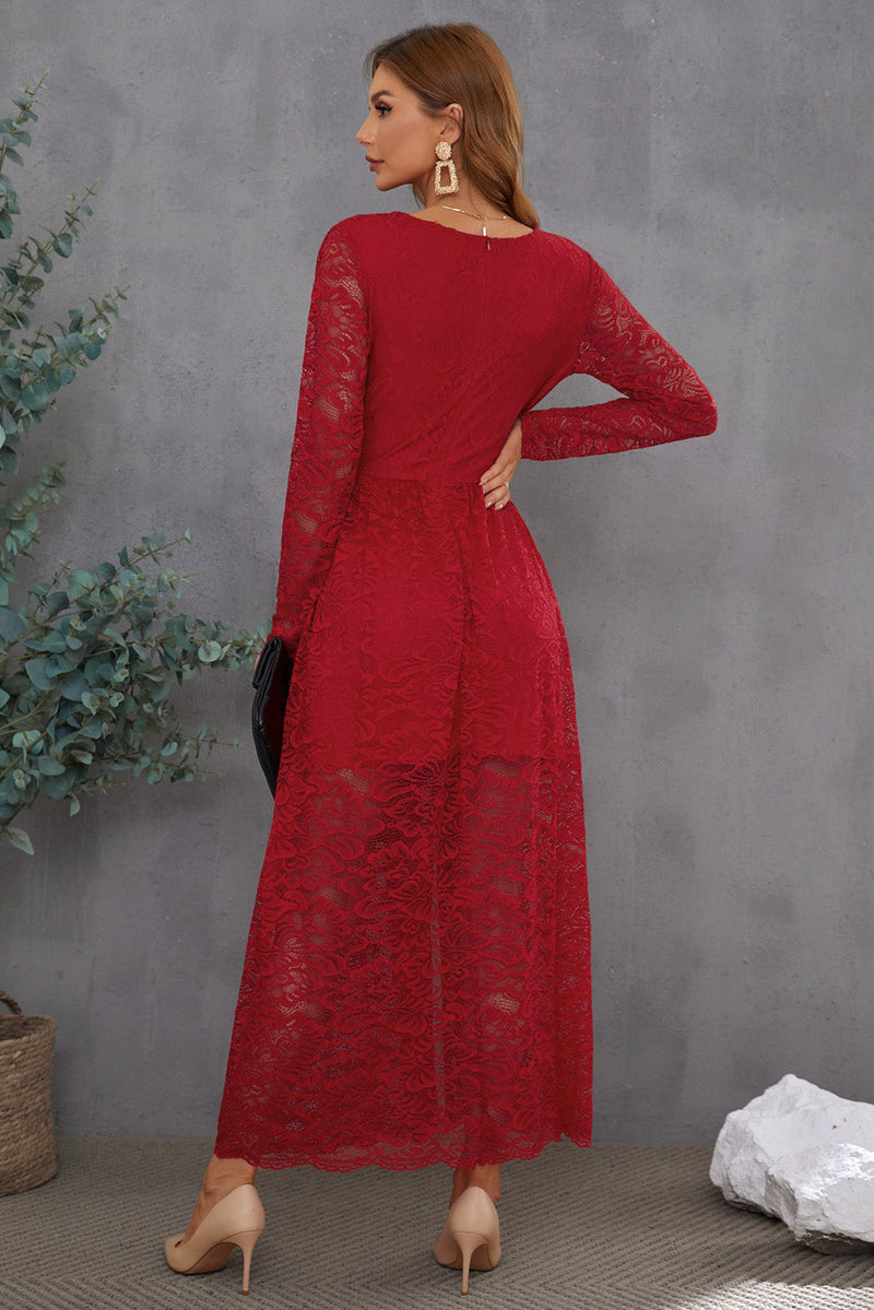 Red Long Sleeve V Neck Split Lace Maxi Dress