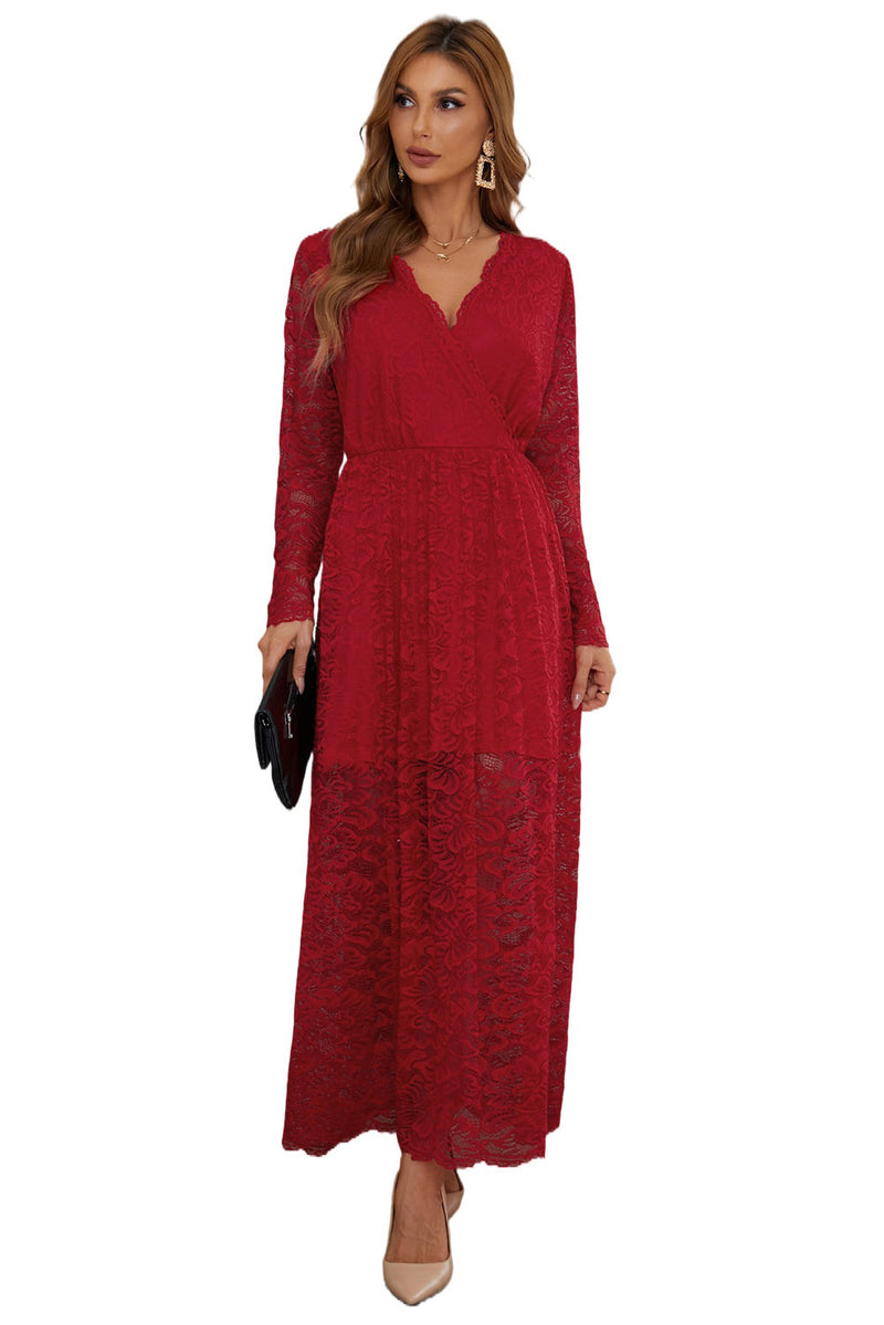 Red Long Sleeve V Neck Split Lace Maxi Dress