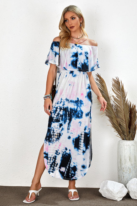 Ruffle Off Shoulder Tie-dye Maxi Dress with Slits, Shop for cheap Ruffle Off Shoulder Tie-dye Maxi Dress with Slits online? Buy at Modeshe.com on sale!