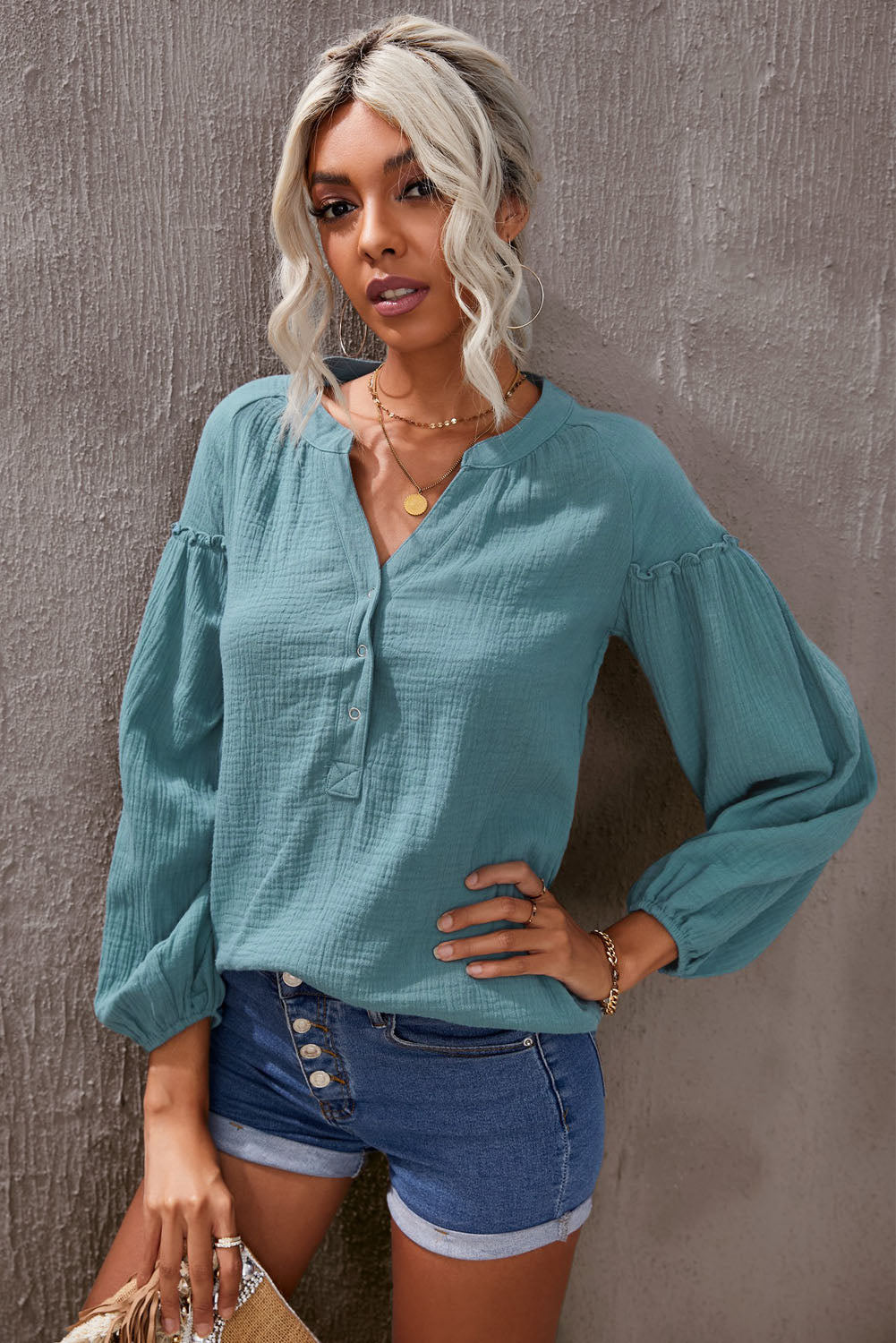 Sky Blue Casual Balloon Sleeve Crinkled Blouse Top