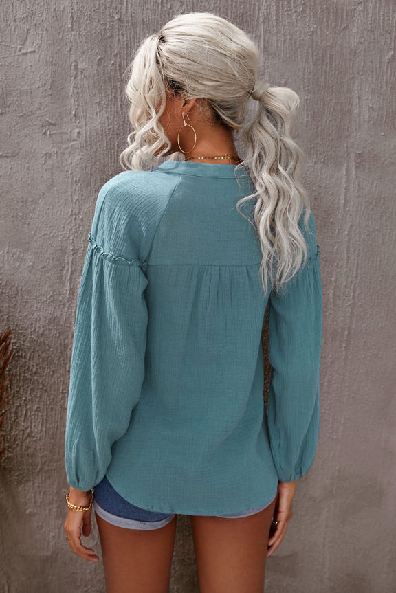 Sky Blue Casual Balloon Sleeve Crinkled Blouse Top