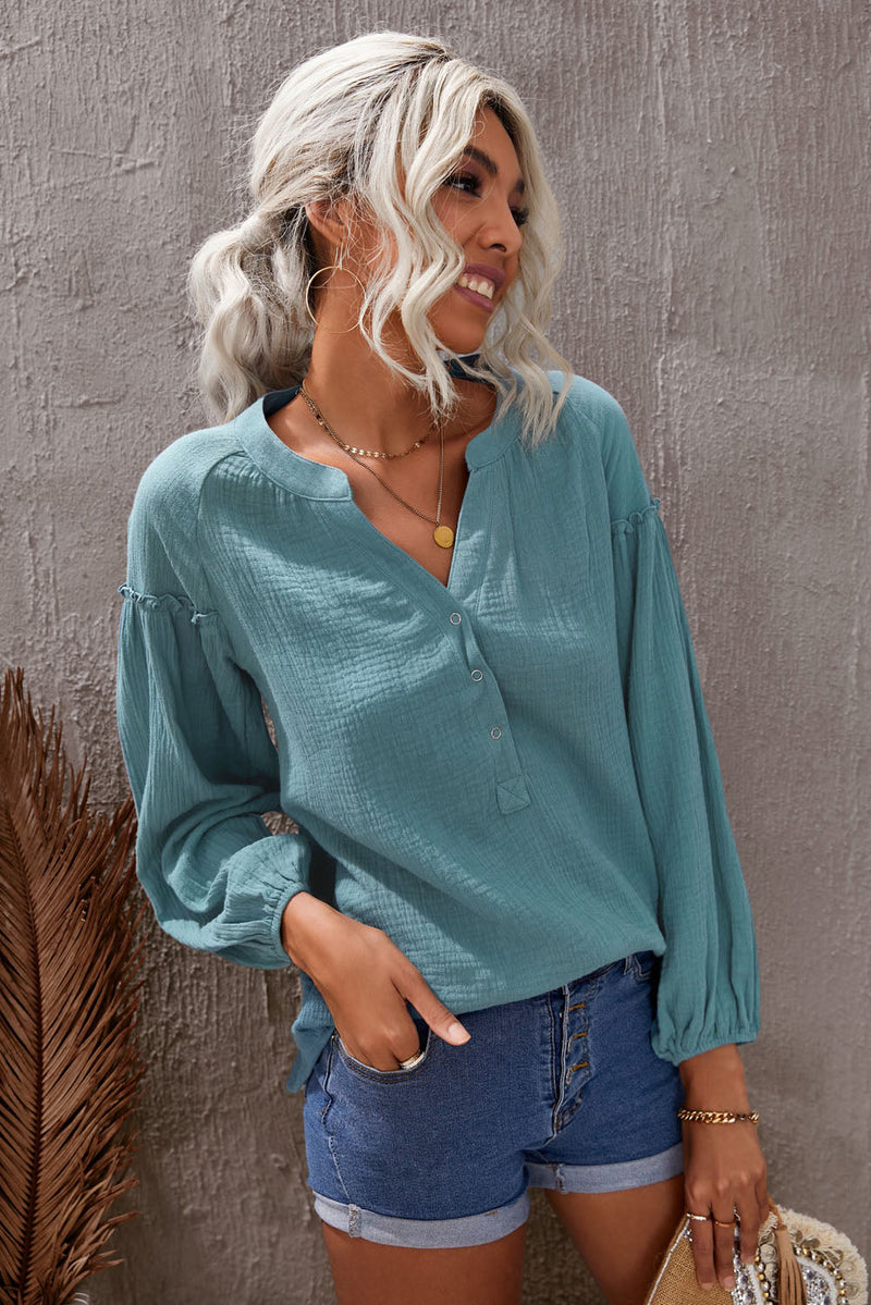 Sky Blue Casual Balloon Sleeve Crinkled Blouse Top