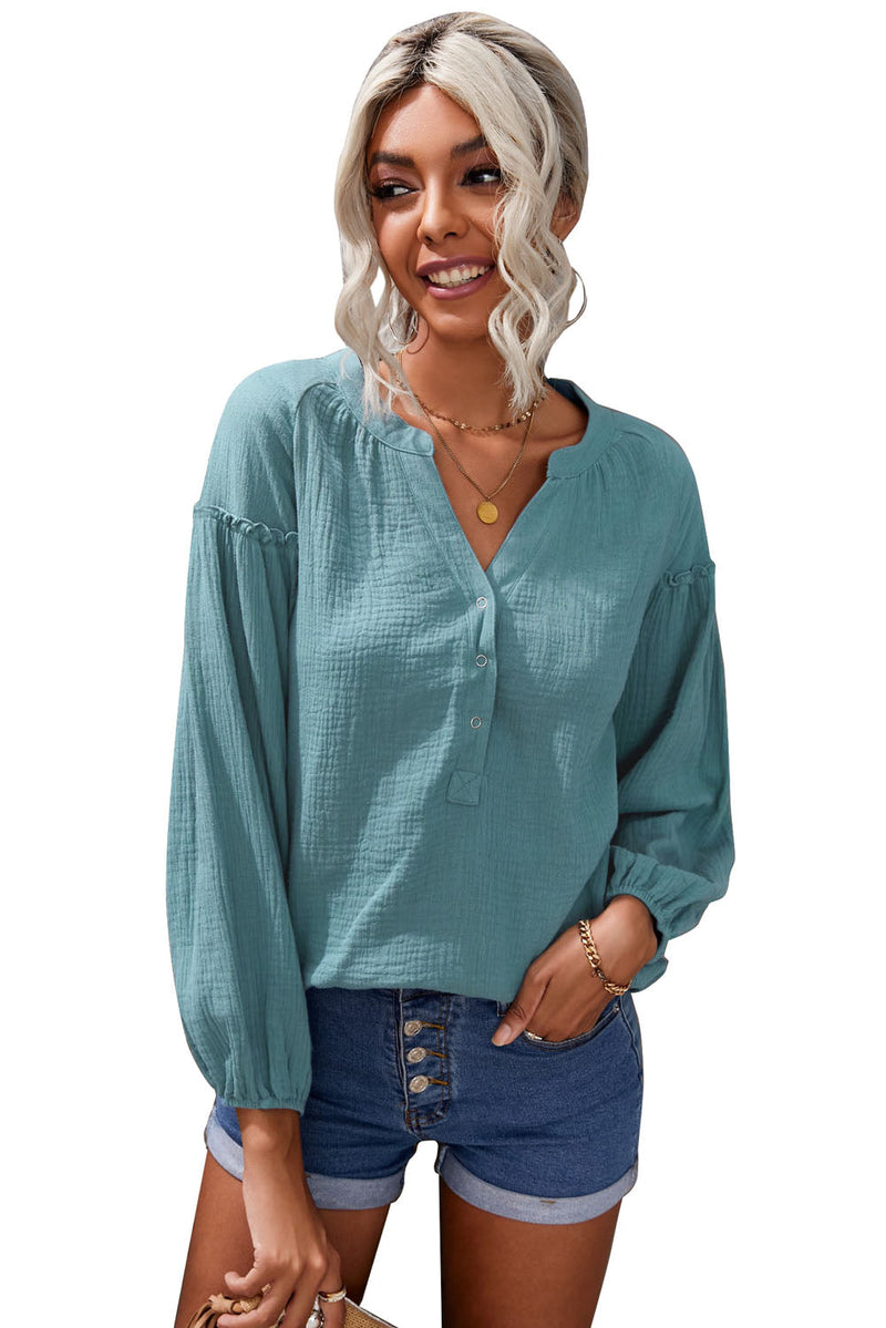 Sky Blue Casual Balloon Sleeve Crinkled Blouse Top