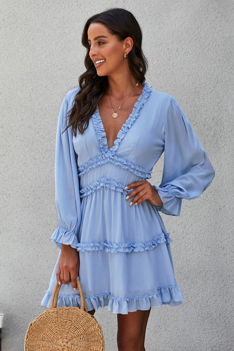 Sky Blue V Neck Ruffle Detailing Open Back Long Sleeve Dress