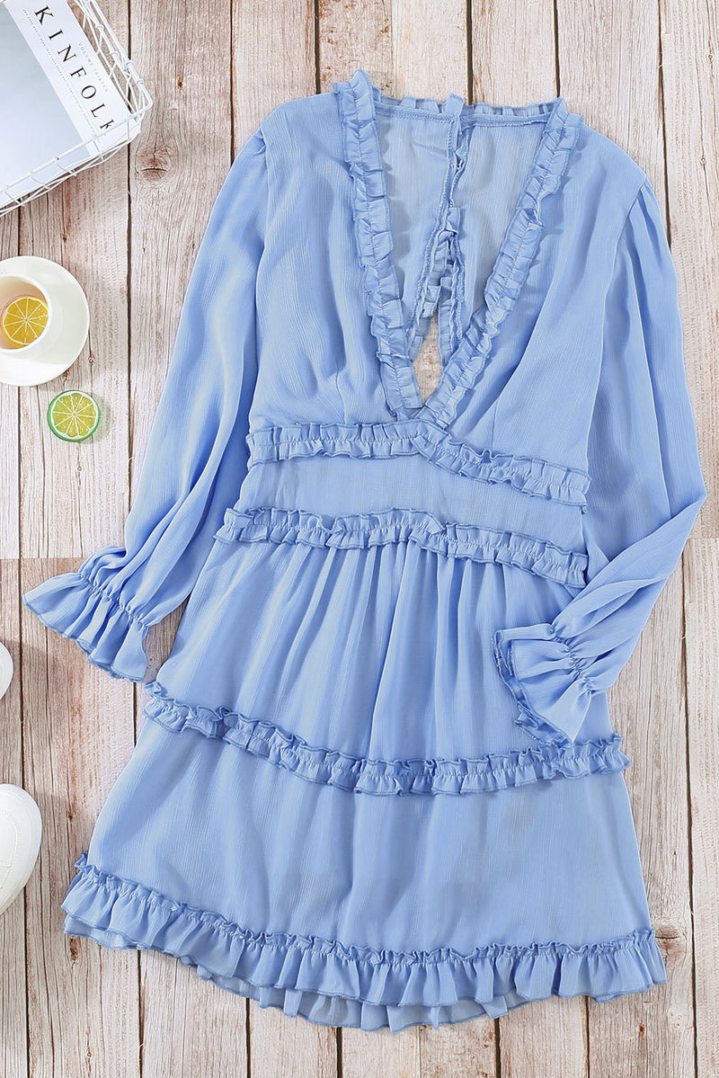 Sky Blue V Neck Ruffle Detailing Open Back Long Sleeve Dress