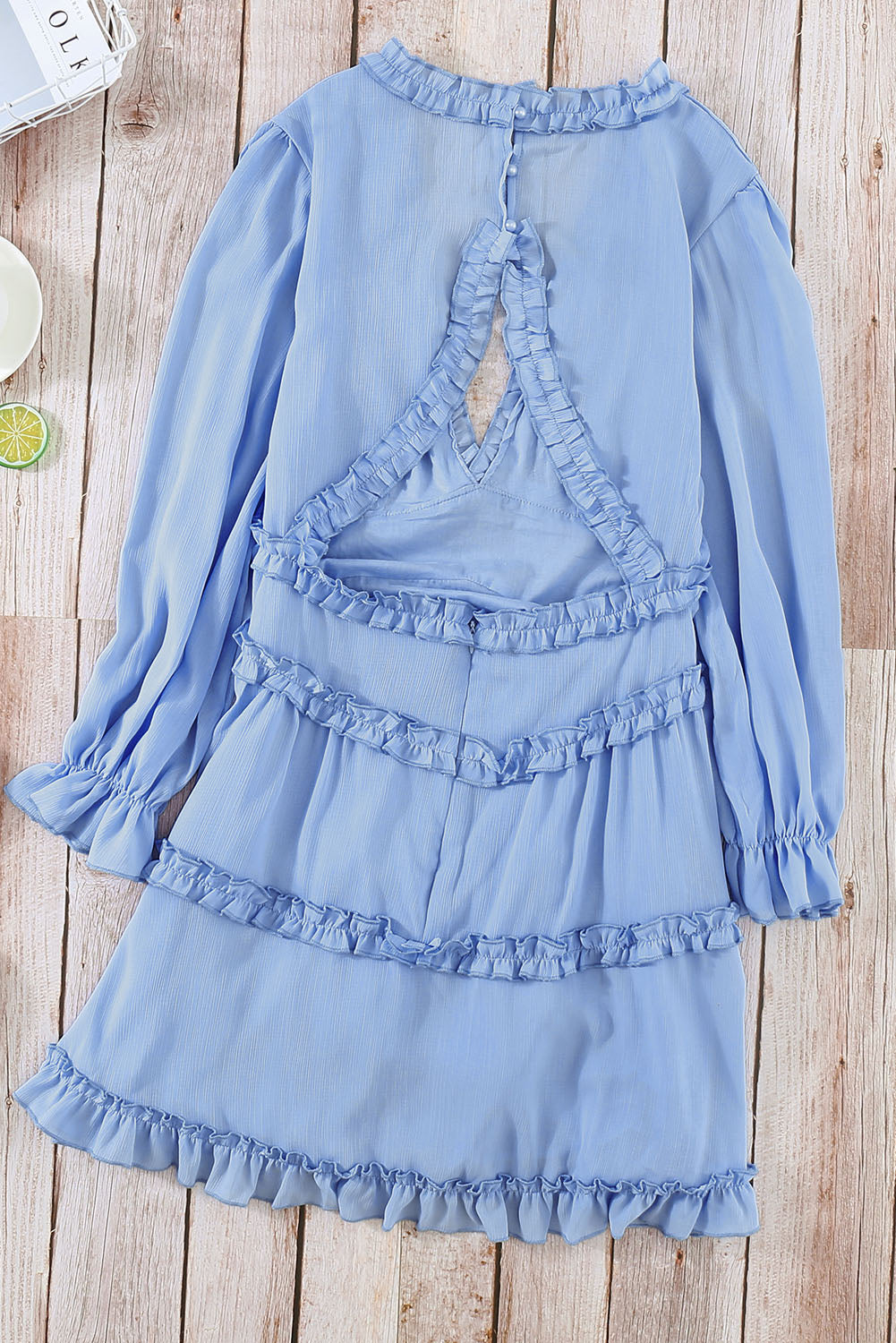 Sky Blue V Neck Ruffle Detailing Open Back Long Sleeve Dress