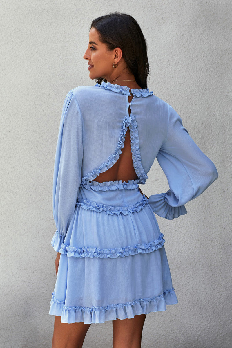 Sky Blue V Neck Ruffle Detailing Open Back Long Sleeve Dress