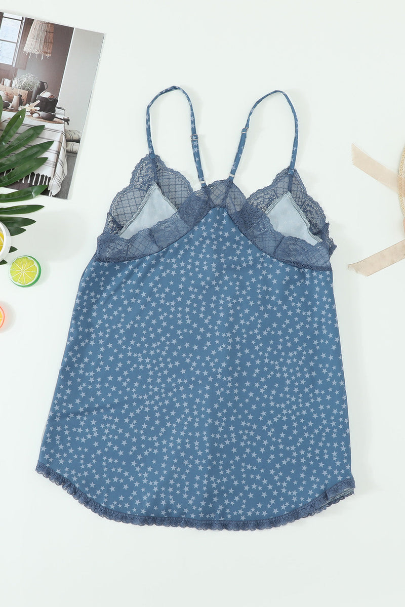 Summer Blue Spaghetti Strap Printed Lace Tank Top