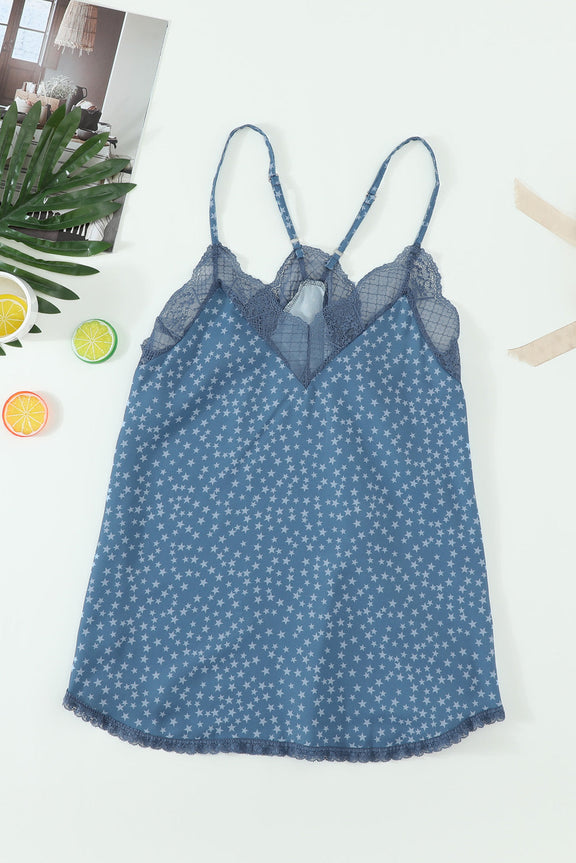 Summer Blue Spaghetti Strap Printed Lace Tank Top