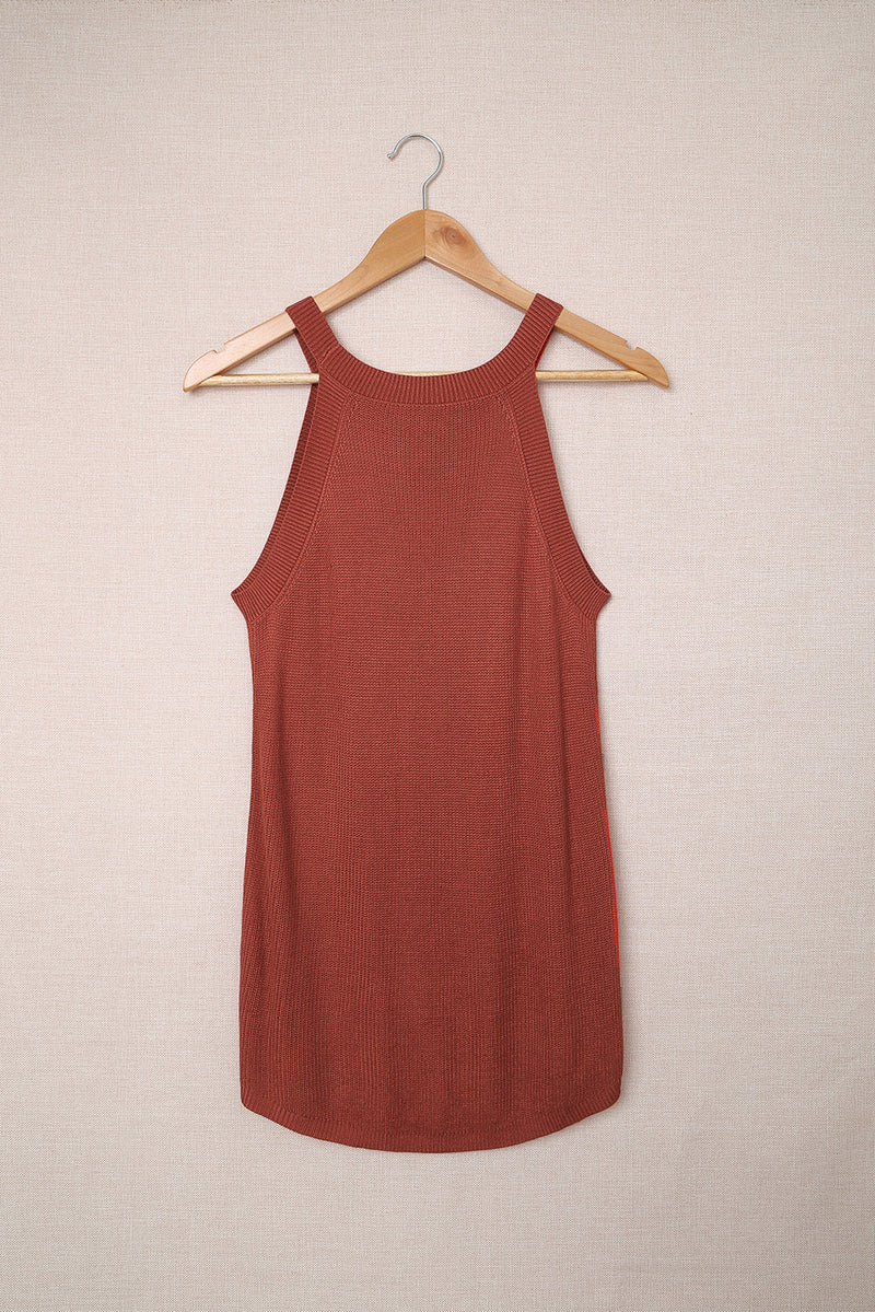 Summer Red Solid Ribbed Knit Slim-fit Tank Top