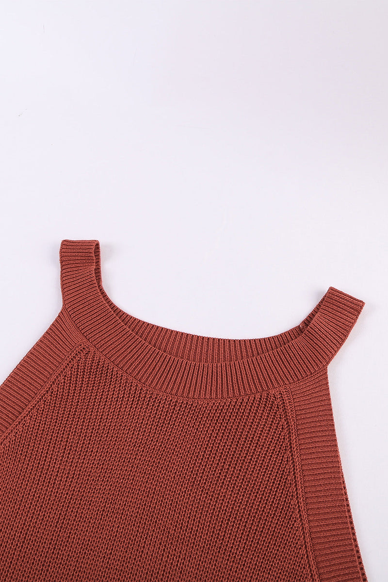 Summer Red Solid Ribbed Knit Slim-fit Tank Top