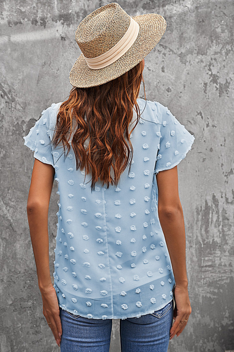 Summer Sky Blue Short Ruffled Sleeve Swiss Dot Blouse