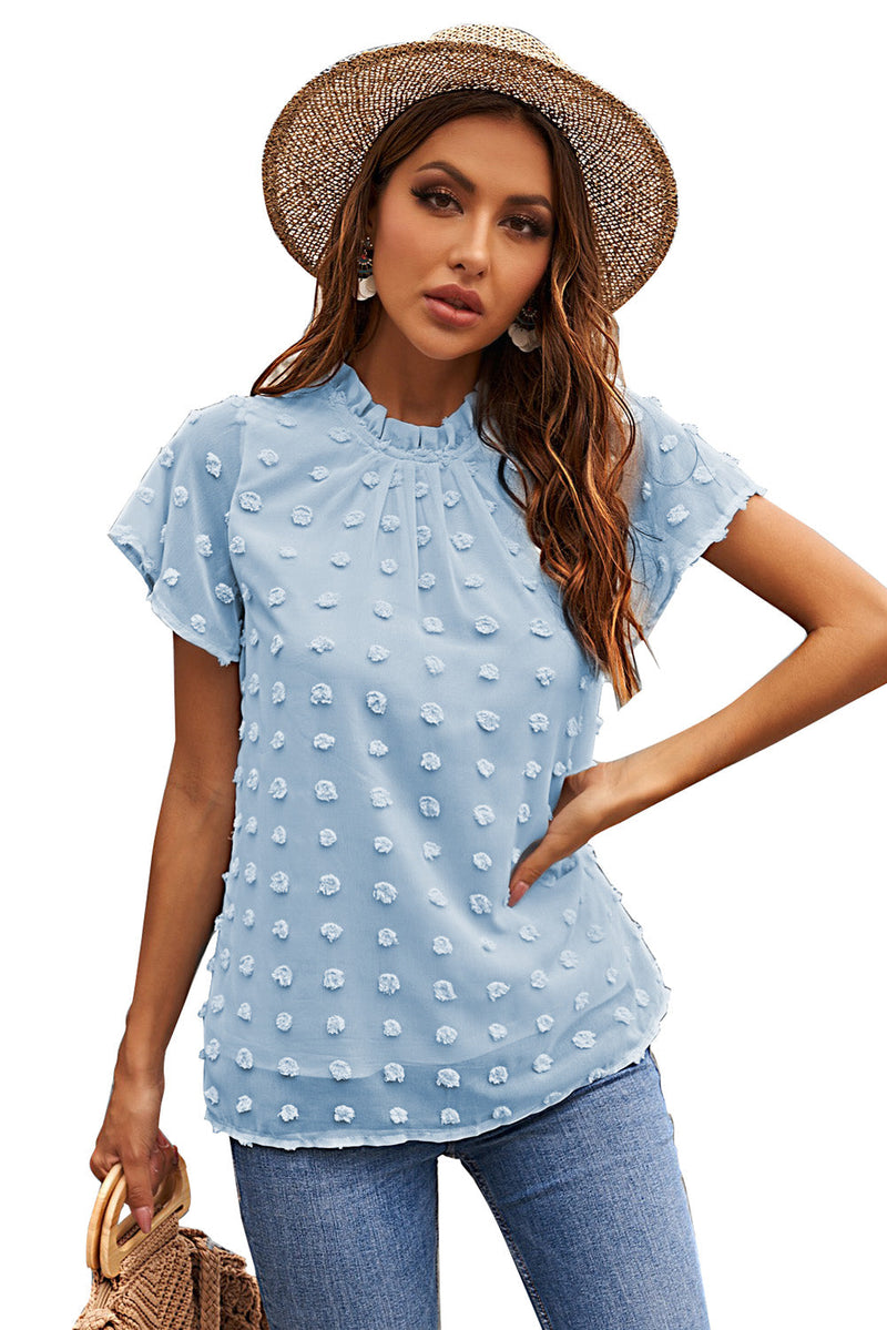 Summer Sky Blue Short Ruffled Sleeve Swiss Dot Blouse