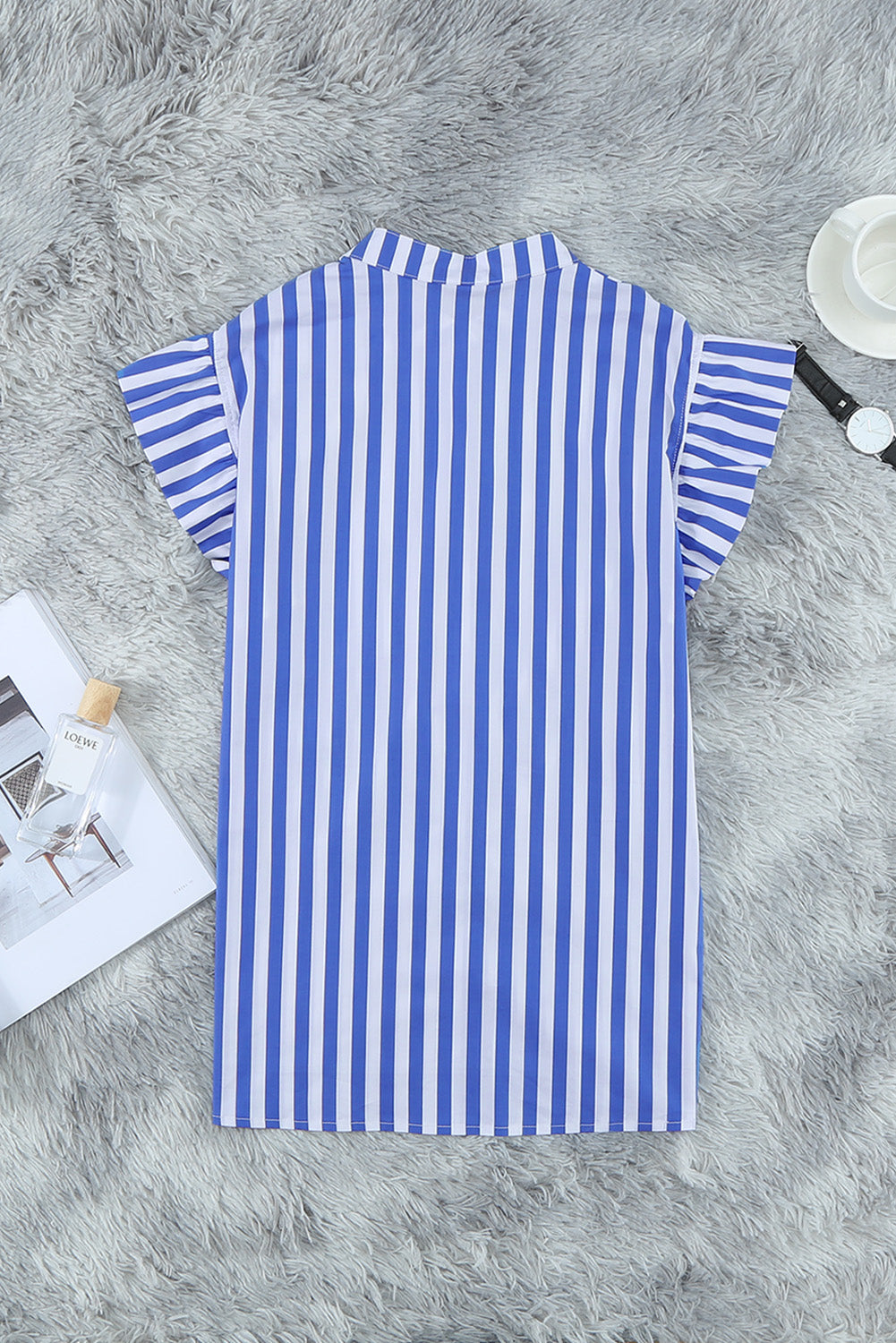 Summer Sky Blue Striped Buttoned Ruffled Sleeve Shirt