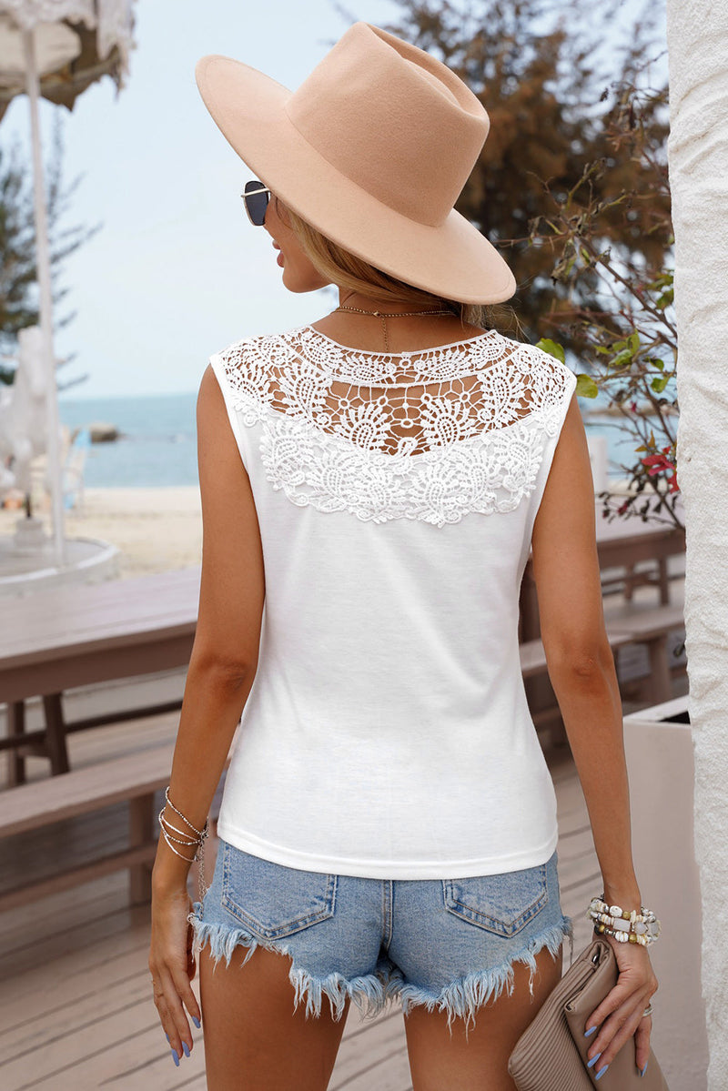 Summer White V Split Neck Crochet Patchwork Tank Top