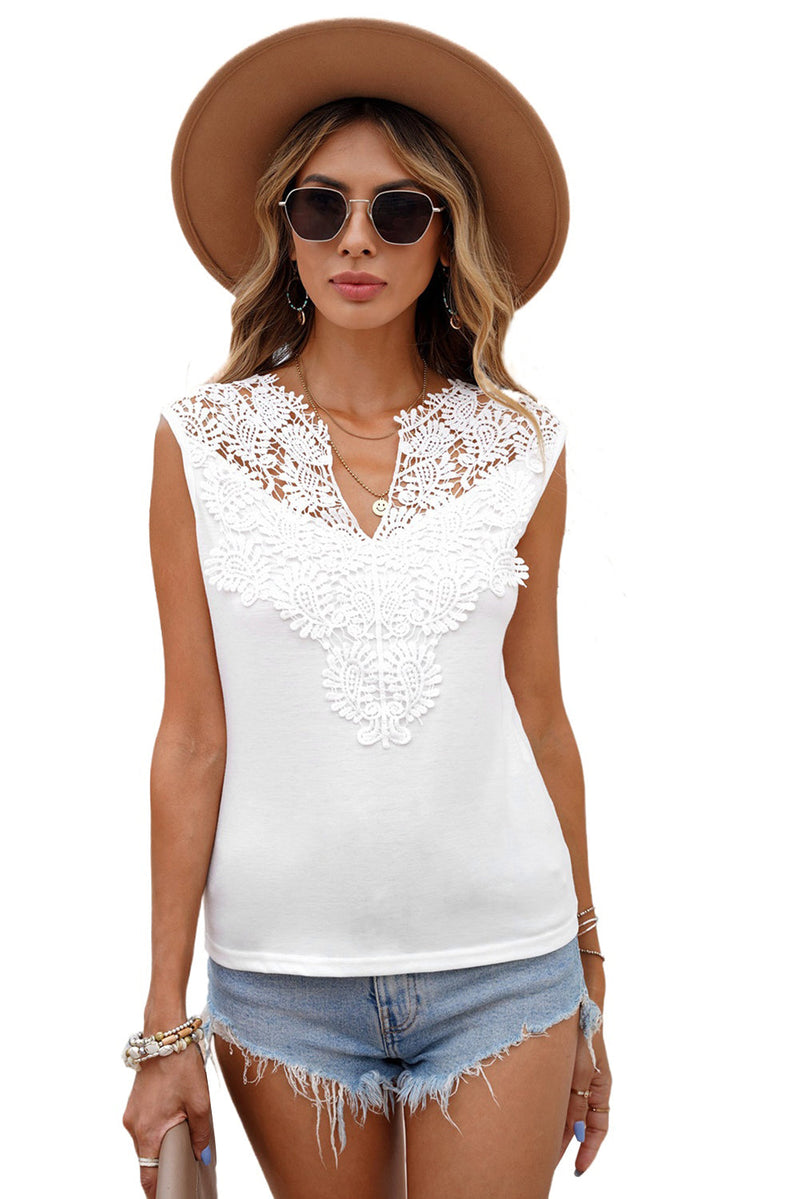 Summer White V Split Neck Crochet Patchwork Tank Top