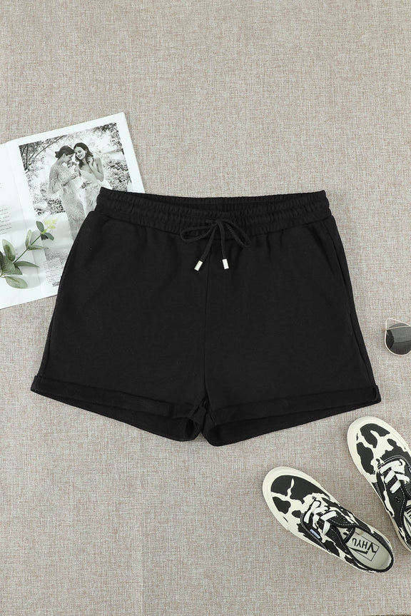 Summer Women Black Tie Waist Side Pockets Cuffed Lounge Shorts