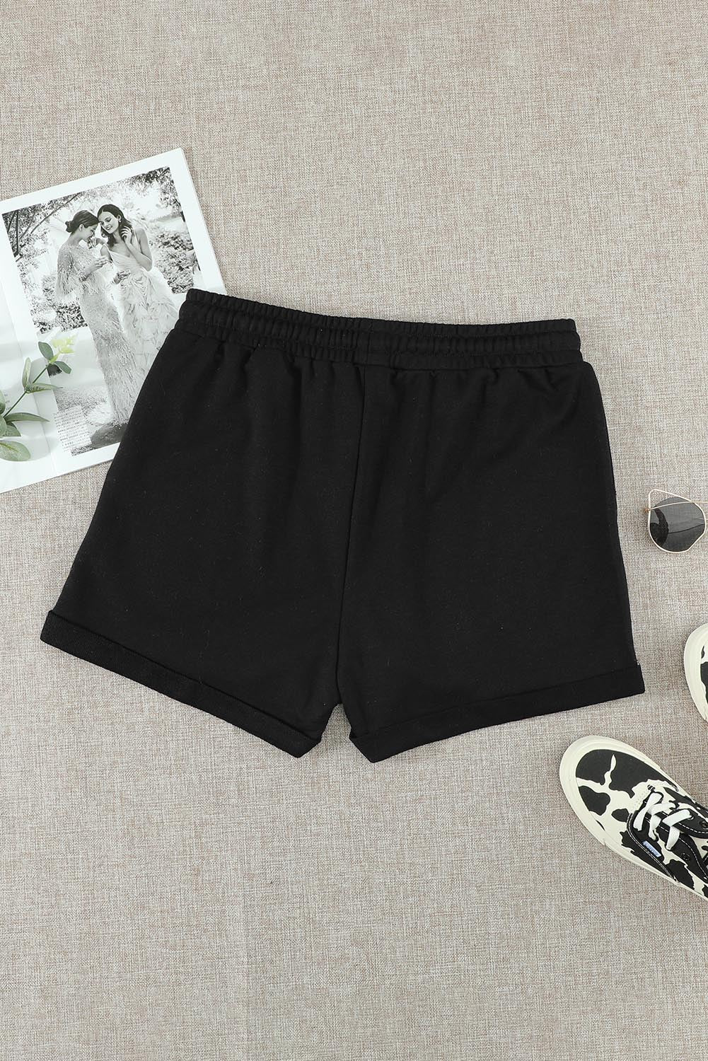 Summer Women Black Tie Waist Side Pockets Cuffed Lounge Shorts