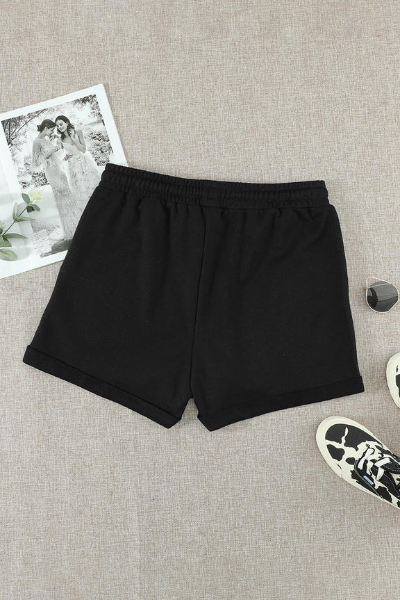 Summer Women Black Tie Waist Side Pockets Cuffed Lounge Shorts