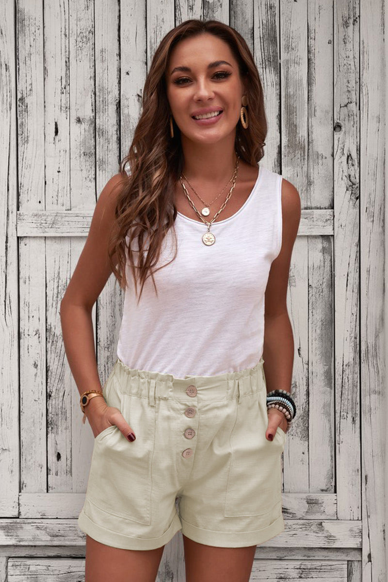 Summer Women Khaki Cuffed High Waist Shorts