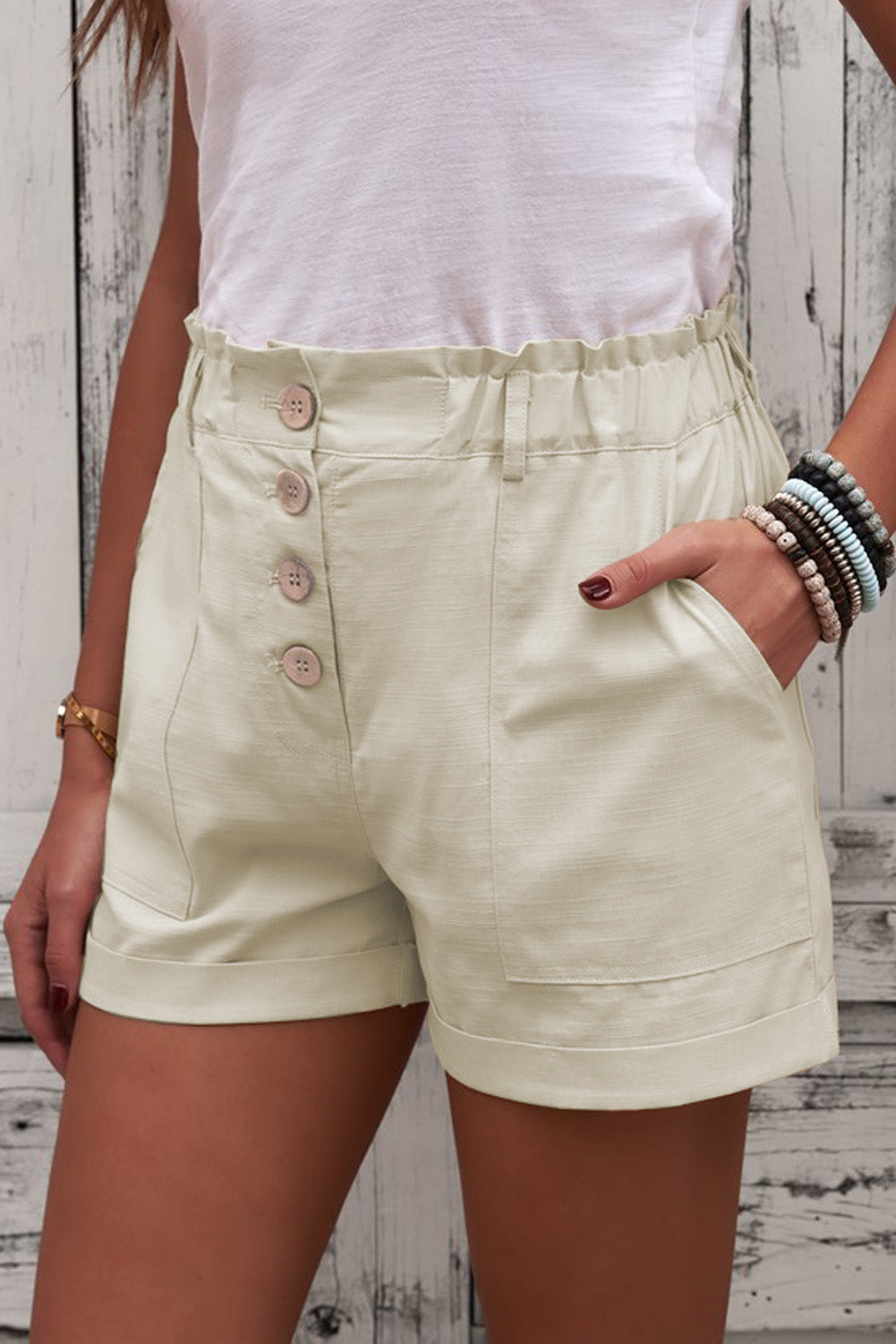 Summer Women Khaki Cuffed High Waist Shorts