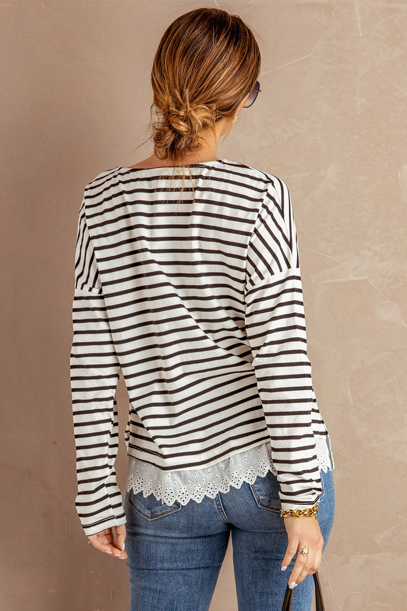 White Black Striped Long Sleeve Top with Lace Trim