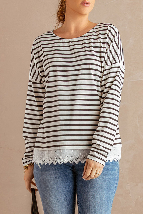 White Black Striped Long Sleeve Top with Lace Trim