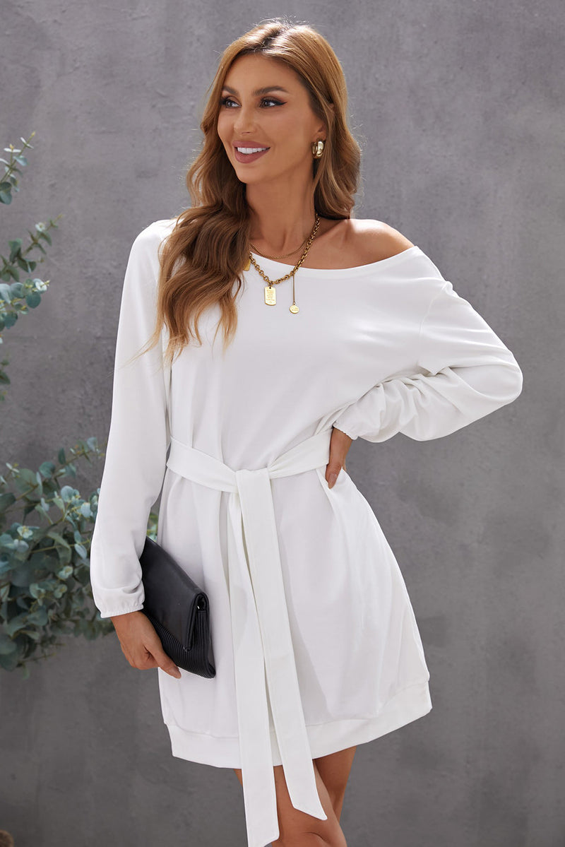 White Crewneck Long Sleeve Belted Casual Mini Dress