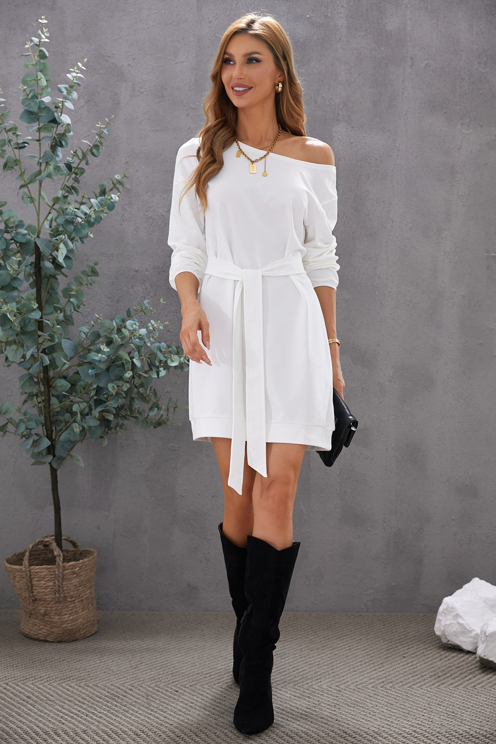 White Crewneck Long Sleeve Belted Casual Mini Dress