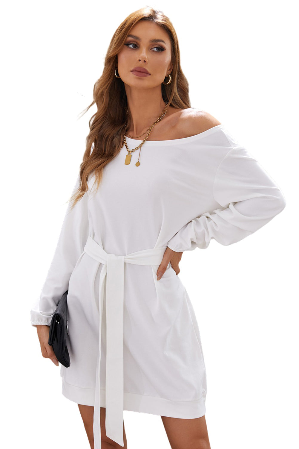 White Crewneck Long Sleeve Belted Casual Mini Dress