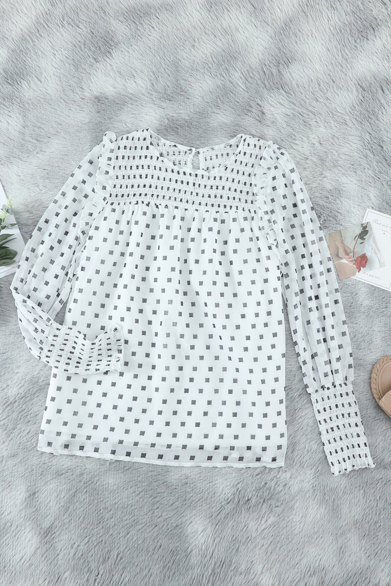 White Geometric Smocked Ruffle Trim Manches Longues Blouse