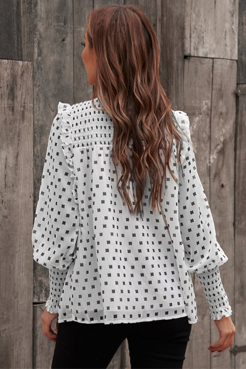 White Geometric Smocked Ruffle Trim Manches Longues Blouse