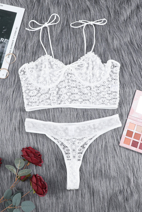 White Lace Ruffle Spaghetti Strap Bralette Set