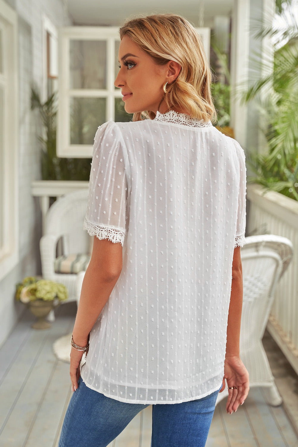 White Lace Splicing V-Neck Swiss Dot Short Sleeve Blouse