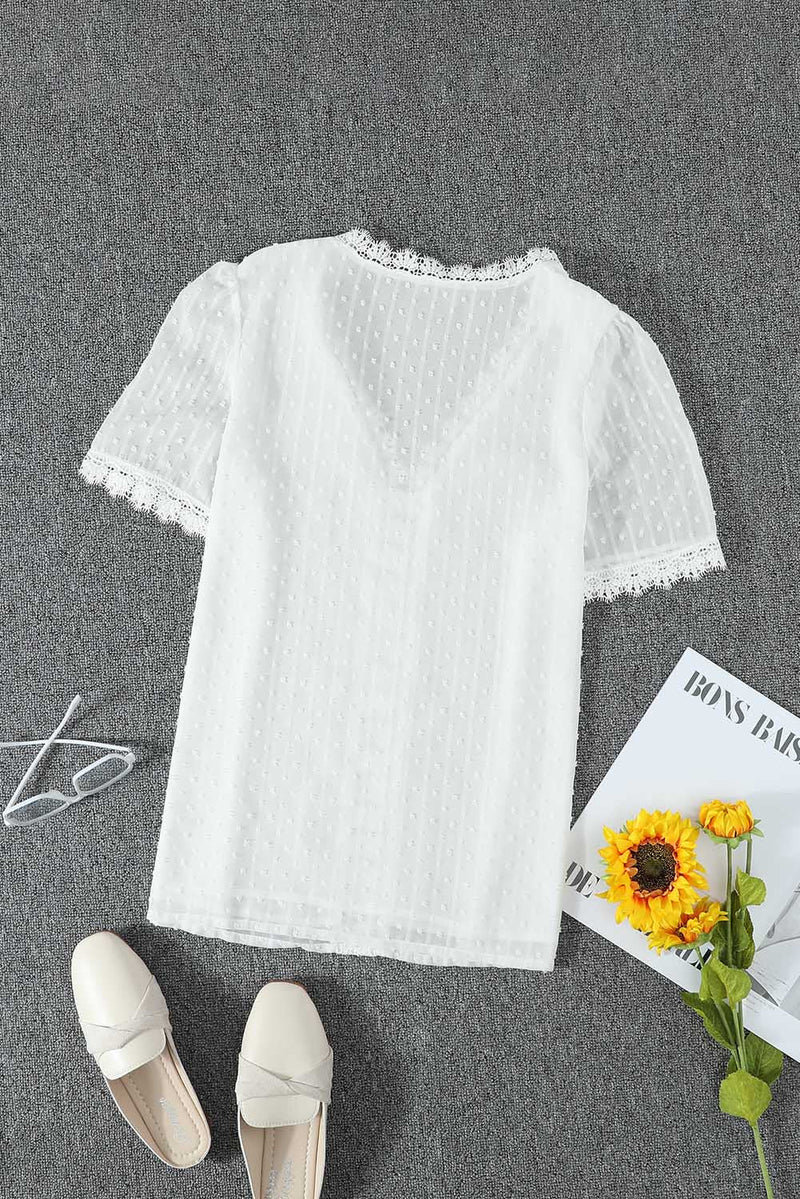 White Lace Splicing V-Neck Swiss Dot Short Sleeve Blouse