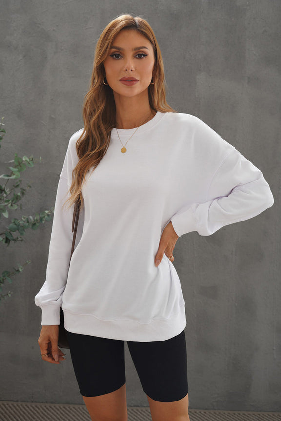 Fall White Oversized Solid Drop Shoulder Sweatshirt