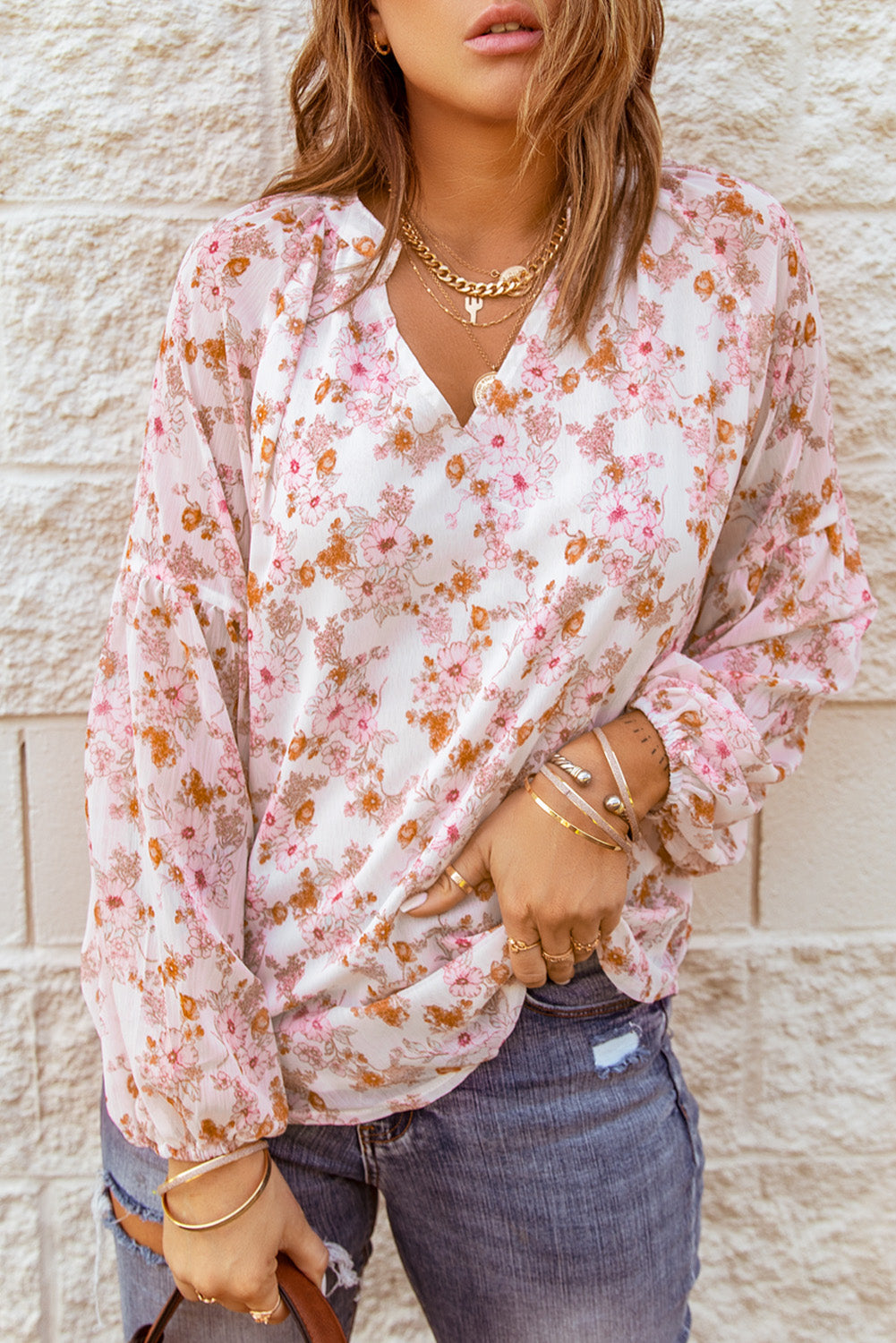 White Pink Floral Print V Neck Long Puff Sleeve Top