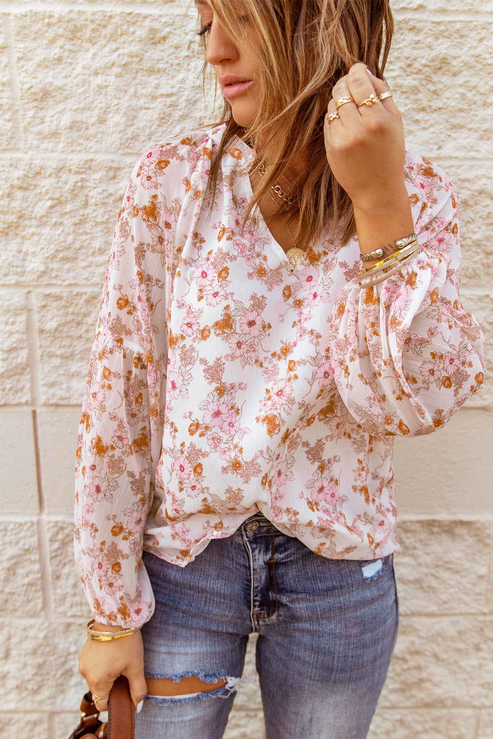 White Pink Floral Print V Neck Long Puff Sleeve Top