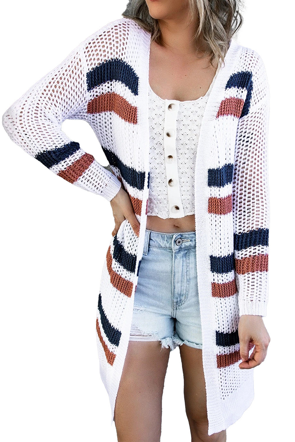 White Striped Fishnet Cardigan