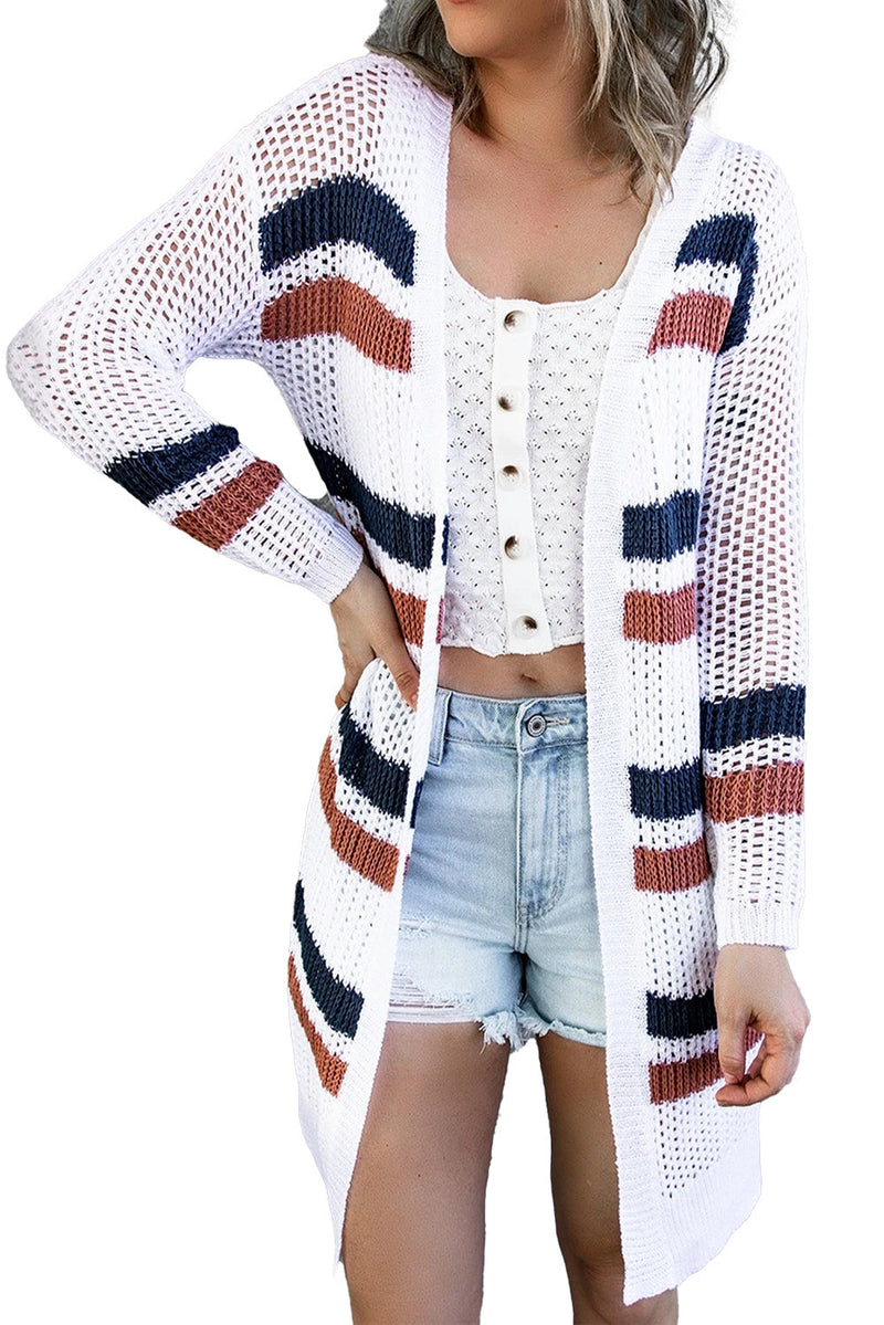 White Striped Fishnet Cardigan