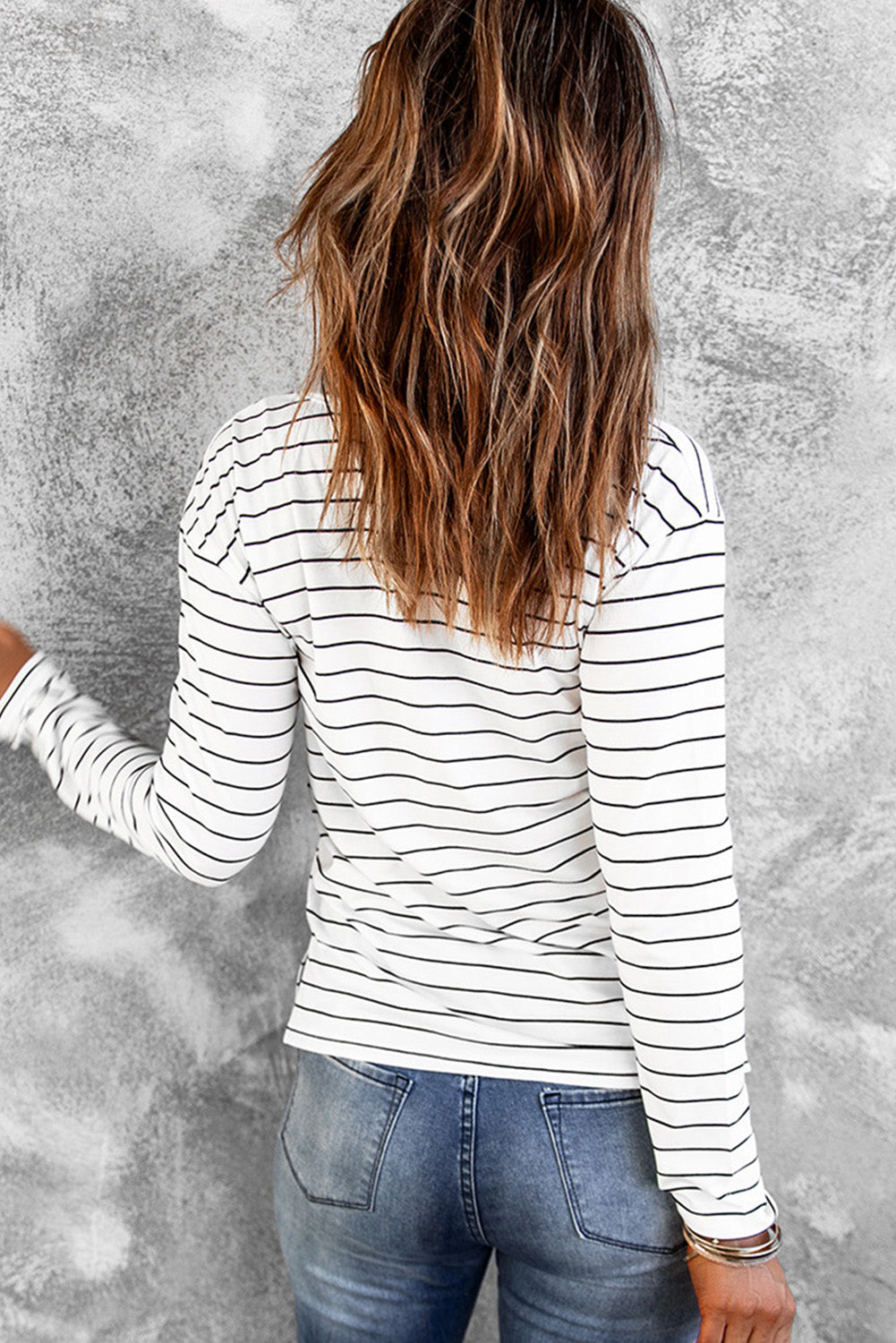 White Striped V Neck Long Sleeve Top