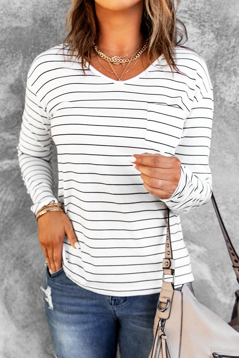 White Striped V Neck Long Sleeve Top