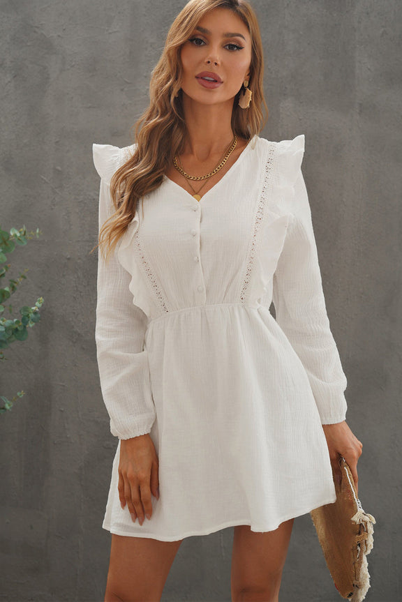 White V Neck Lace Ruffle Crinkled Puff Long Sleeve Short Dress