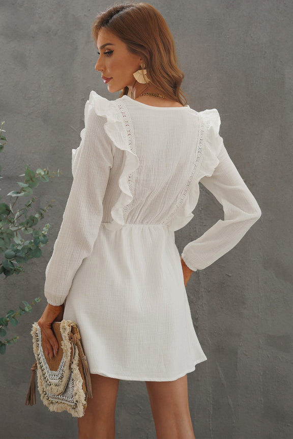 White V Neck Lace Ruffle Crinkled Puff Long Sleeve Short Dress