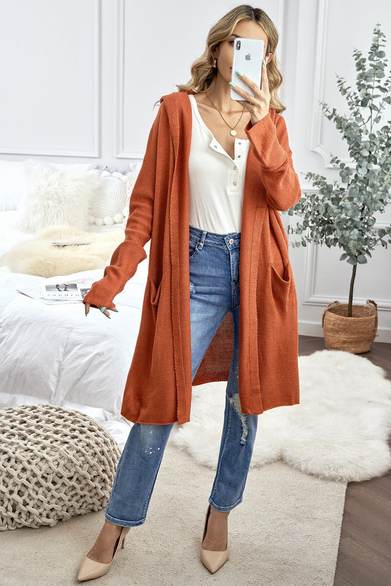 Winter Casual Brown Open Front Hooded Sweater Cardigan